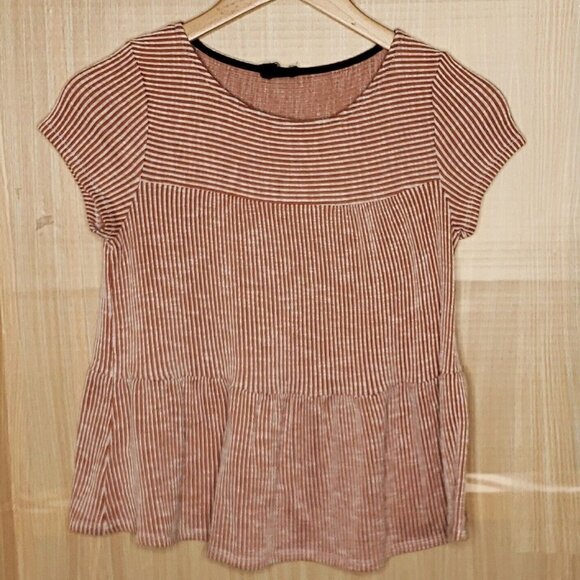 W5 Womens Orange White Striped Short Sleeve Knit Cropped Babydoll Top Small - Picture 1 of 5